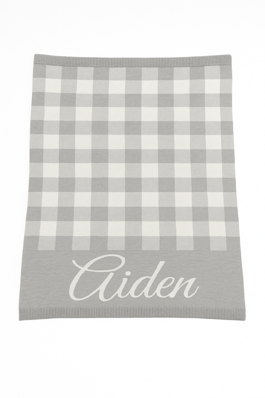 Gingham Name Blanket - Cozy Cloud Grey